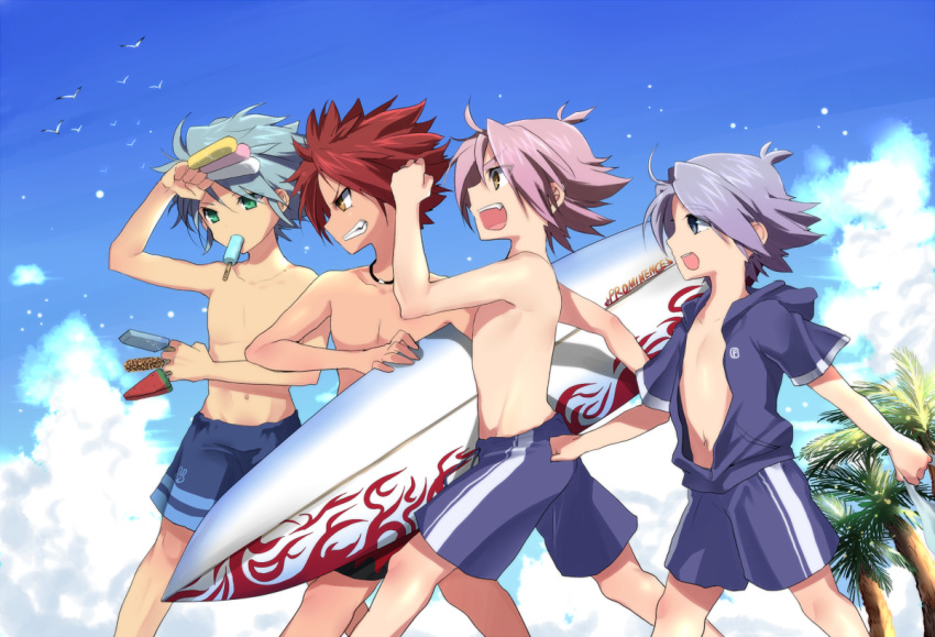 beach, bird, cloud, clouds, fubuki_atsuya, fubuki_shirou, inazuma_eleven, inazuma_eleven_(series), male, mataro, multiple_boys, nagumo_haruya, ngaumo_haruya, open_clothes, open_mouth, palm_tree, popsicle, shirtless, short_hair, shorts, sky, suika_bar, surfboard, suzuno_fuusuke, swim_trunks, tree, watermelon_bar