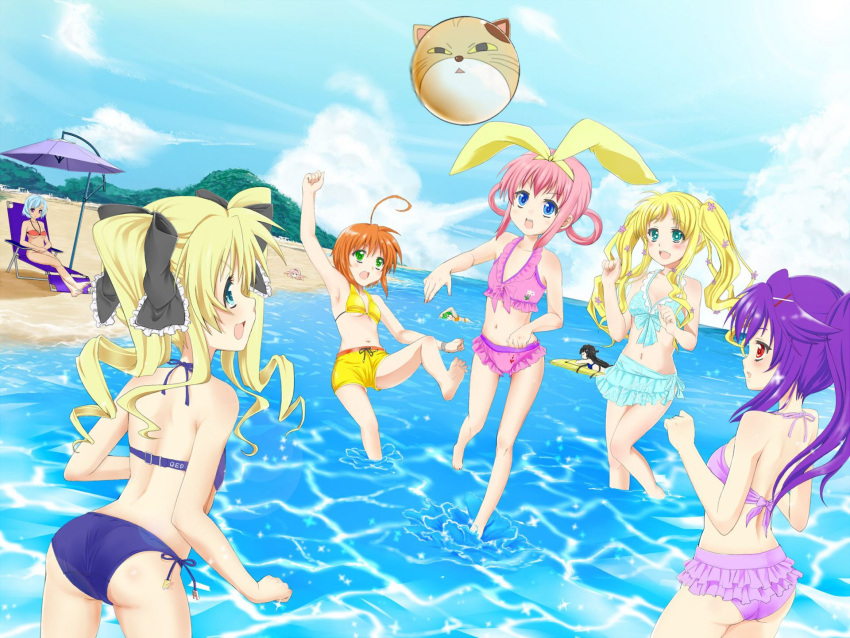 6+girls, ahoge, akechi_kokoro, aqua_eyes, ass, ball, beach, bikini