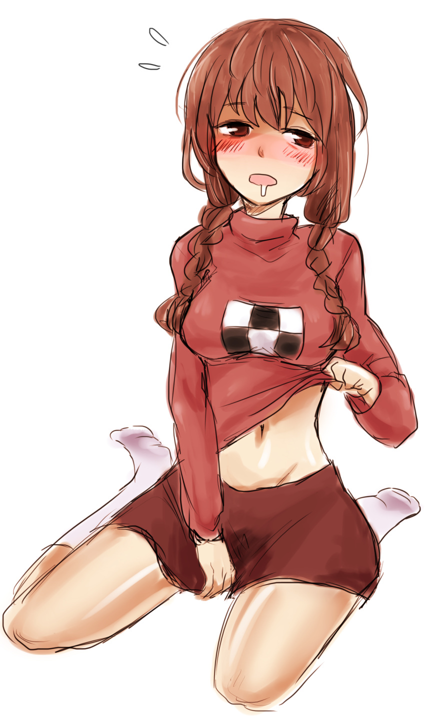 absurdres, blush, braid, breasts, brown_hair, drooling, highres, long_hair, madotsuki, navel, pltrgst, red_eyes, shirt_lift, sitting, skirt, skirt_tug, socks, solo, sweater, sweater_lift, twin_braids, yokozuwari, yume_nikki