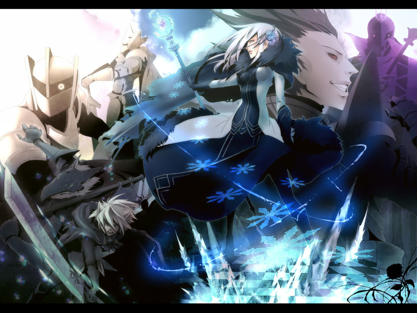 animal_ears, armor, brown_hair, cape, checkered, drake_(pixiv_fantasia), elaine_(pixiv_fantasia), flower