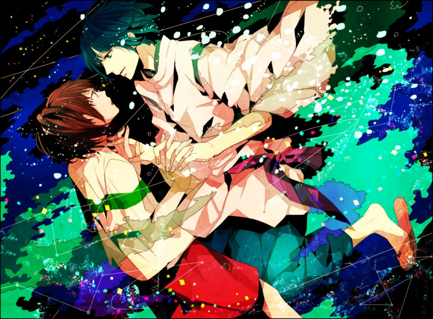 1girl, brown_hair, child, eye_contact, green_eyes, green_hair, hakama, haku