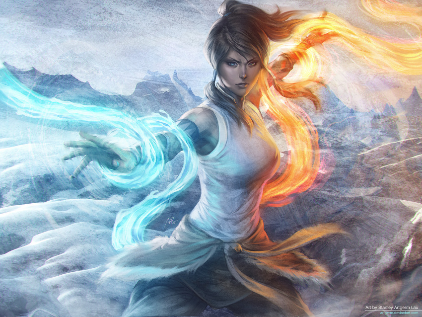avatar_legends, bare_shoulders, blue_eyes, brown_hair, dark_skin, element_bending, eyelashes, fighting_stance