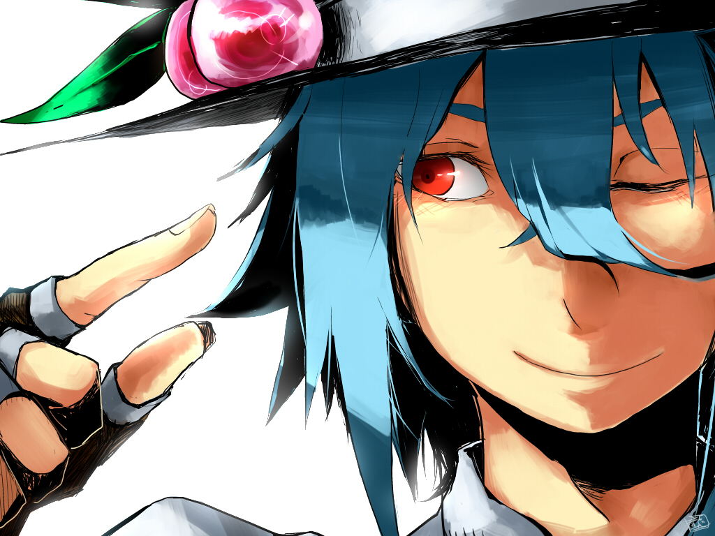 alternate_hair_length, alternate_hairstyle, bad_id, blue_hair, fingerless_gloves, food, fruit, gloves