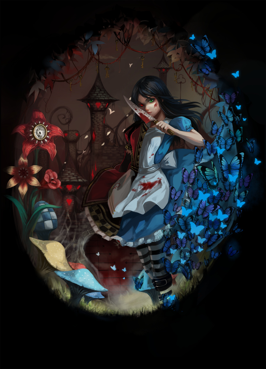 alice_(wonderland), alice_in_wonderland, alternate_costume, american_mcgee's_alice, belt, black_hair, boots, butterfly, dress, gloves, green_eyes, highres, jewelry, knife, necklace, red_eyes, thigh-highs, thighhighs, tower, weibo, yii_(949244562)