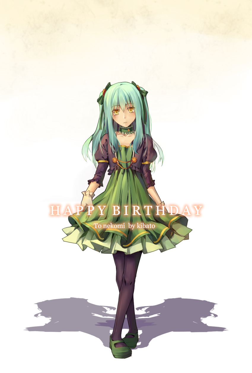 alternate_costume, alternate_hair_color, birthday, black_legwear, bolero, bow, choker, cropped_jacket, crossed_legs_(standing), curtsey, dress, eiyuu_densetsu, expressionless, falcom, green_dress, green_hair, hair_bow, highres, jukyu_kibato, long_hair, mary_janes, pantyhose, shadow, shoes, solo, tio_plato, two_side_up, white_background, yellow_eyes, zero_no_kiseki
