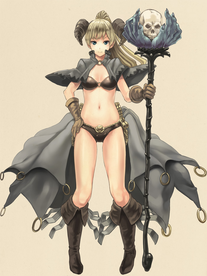 1girl, blonde_hair, blue_eyes, boots, breasts, gloves, hand_on_hip, hips