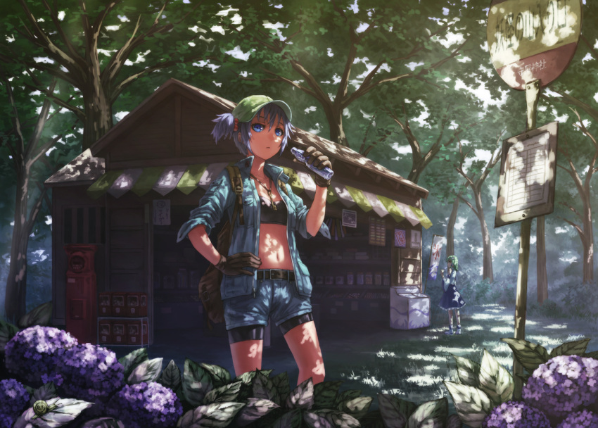 1girl, alternate_costume, backpack, bag, bike_shorts, blue_eyes, blue_hair, bottle