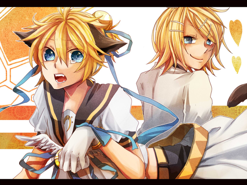 aqua_eyes, bell, blonde_hair, cat_bell, cat_ears, gloves, hair_ornament, hair_ribbon