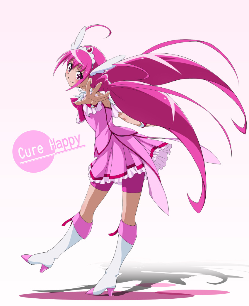 bike_shorts, boots, character_name, cure_happy, dam-miyuki, dress, head_wings, highres