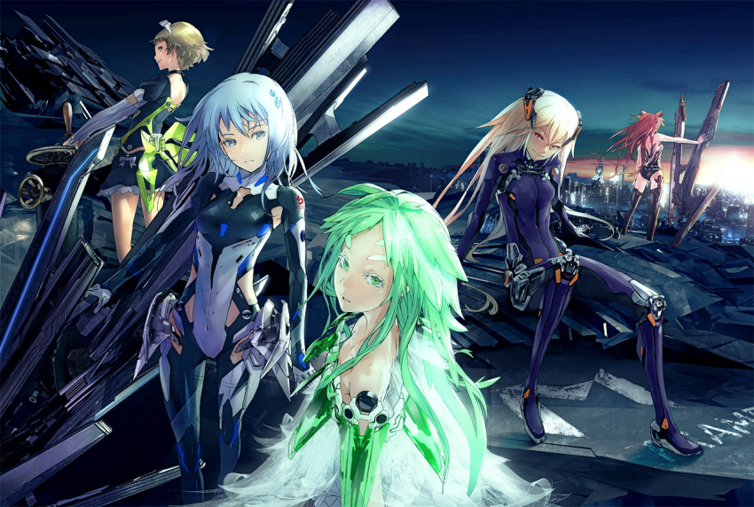 bare_shoulders, beatless, blonde_hair, blue_eyes, blue_hair, bodysuit, brown_hair, character_request