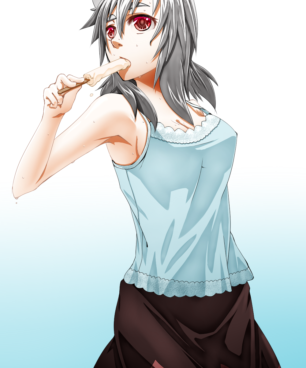breasts, casual, cleavage, dripping, gradient, gradient_background, highres, holding, icf, inubashiri_momiji, mazuka_kei, popsicle, red_eyes, silver_hair, solo, sweat, touhou