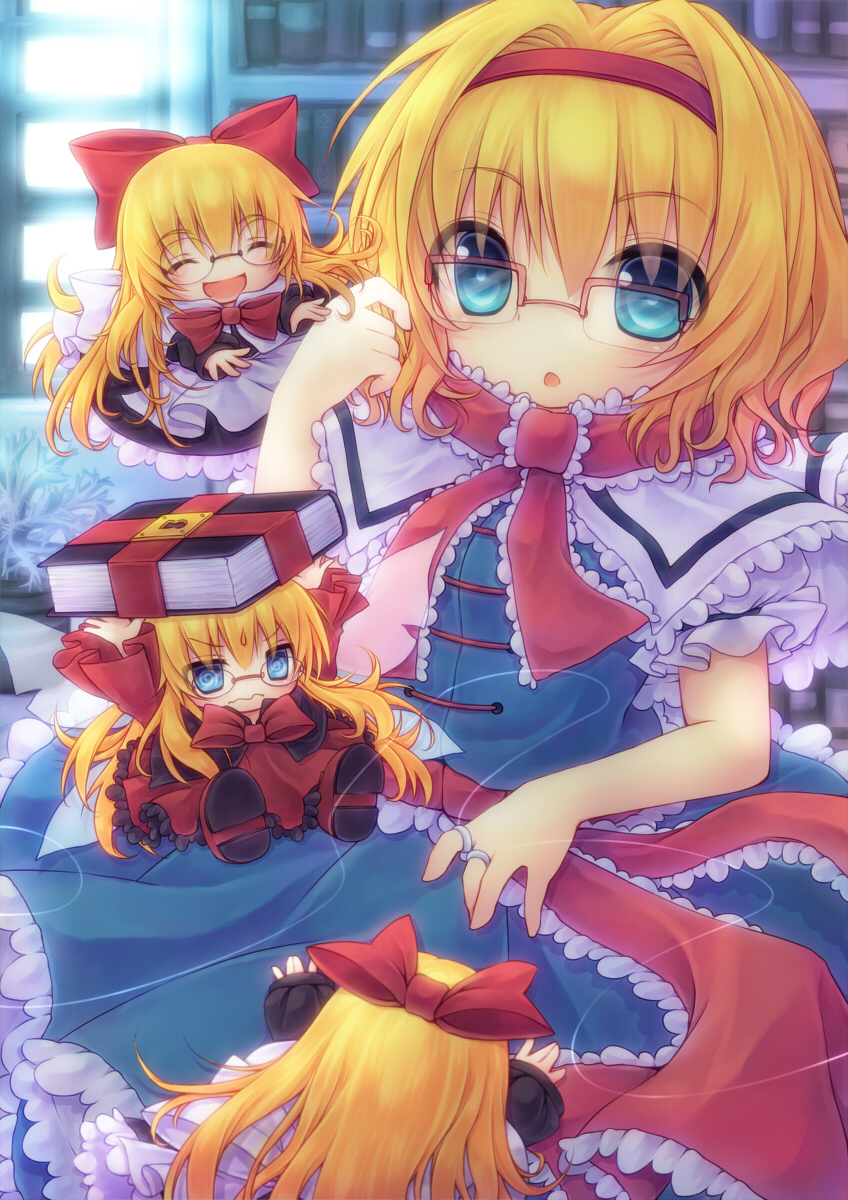 :o, @_@, alice_margatroid, apron, black_dress, blonde_hair, blue_dress, blue_eyes
