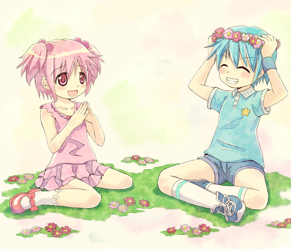 :d, androgynous, blue_eyes, blue_hair, closed_eyes, collarbone, eyes_closed, flower