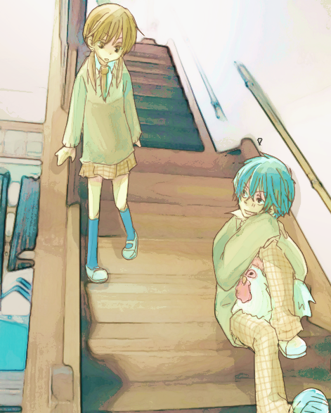 1girl, amrta, bird, blue_hair, brown_hair, chicken, expressionless, kneehighs