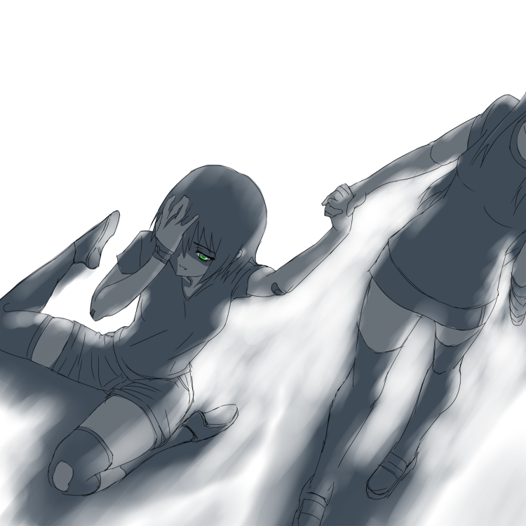 amputee, bandage, bandages, bandaid, fallen_down, green_eyes, hand_holding, holding_hands
