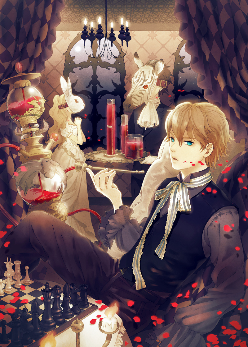 ame_(artist), beaker, blonde_hair, blood, blue_eyes, bunny, candelabra, candle, chandelier, chess, curtains, dress, formal, graduated_cylinder, hands_clasped, hookah, long_hair, male, mask, original, petals, rabbit, ribbon, suit, zebra