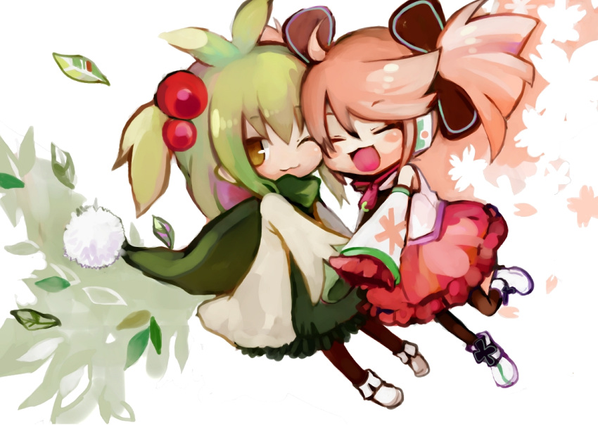 :3, :d, ahoge, bangs, bare_shoulders, blush, brown_eyes, brown_legwear, cape, cherry_blossoms, closed_eyes, detached_sleeves, dress, eruri_(artist), eyes_closed, frills, green_hair, hair_bobbles, hair_ornament, hand_holding, haruka_nana, headphones, holding_hands, leaf, multiple_girls, open_mouth, pam_(utau), pantyhose, payot, pink_hair, shoes, short_twintails, skirt, sleeves_past_wrists, smile, standing, standing_on_one_leg, swept_bangs, twintails, utau, vest, wink, zipper