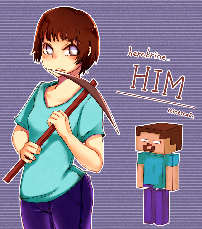 brown_hair, genderswap, herobrine, highres, jeans, minecraft, personification, pickaxe