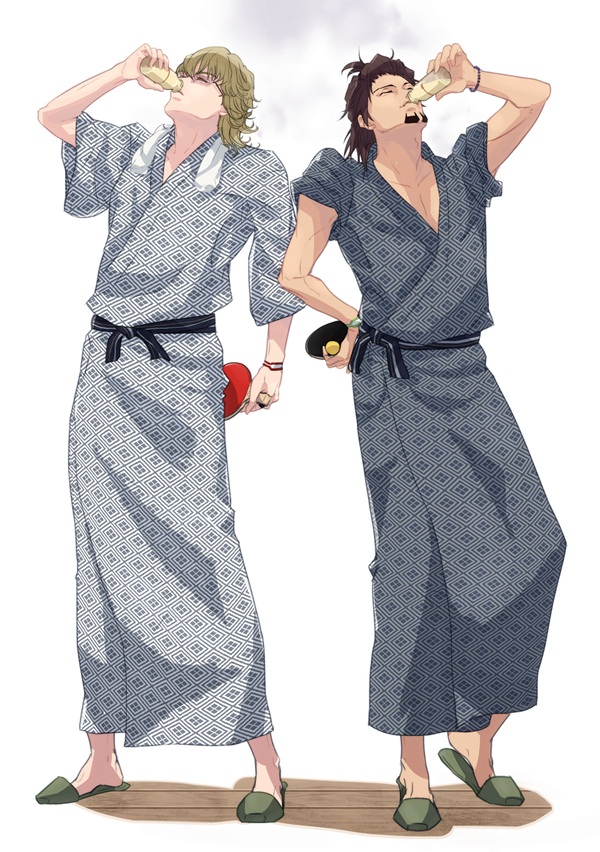 barnaby_brooks_jr, blonde_hair, brown_hair, drinking, kaburagi_t_kotetsu, kyou1113, male, multiple_boys, pingpong, slippers, tiger_&amp;_bunny