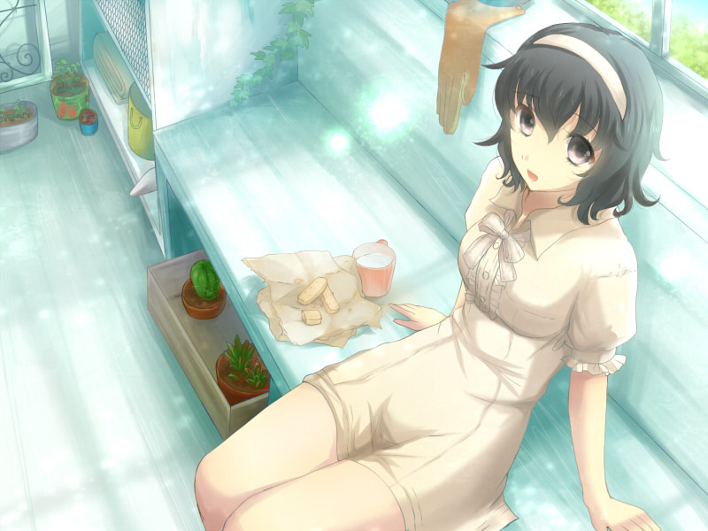 arm_support, black_eyes, black_hair, food, gloves_off, hairband, hideo_(deko), original, ribbon, short_hair, sitting, solo