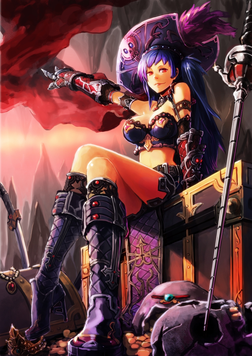 armlet, blue_hair, breasts, cape, coin, crossed_legs, crown, dagger