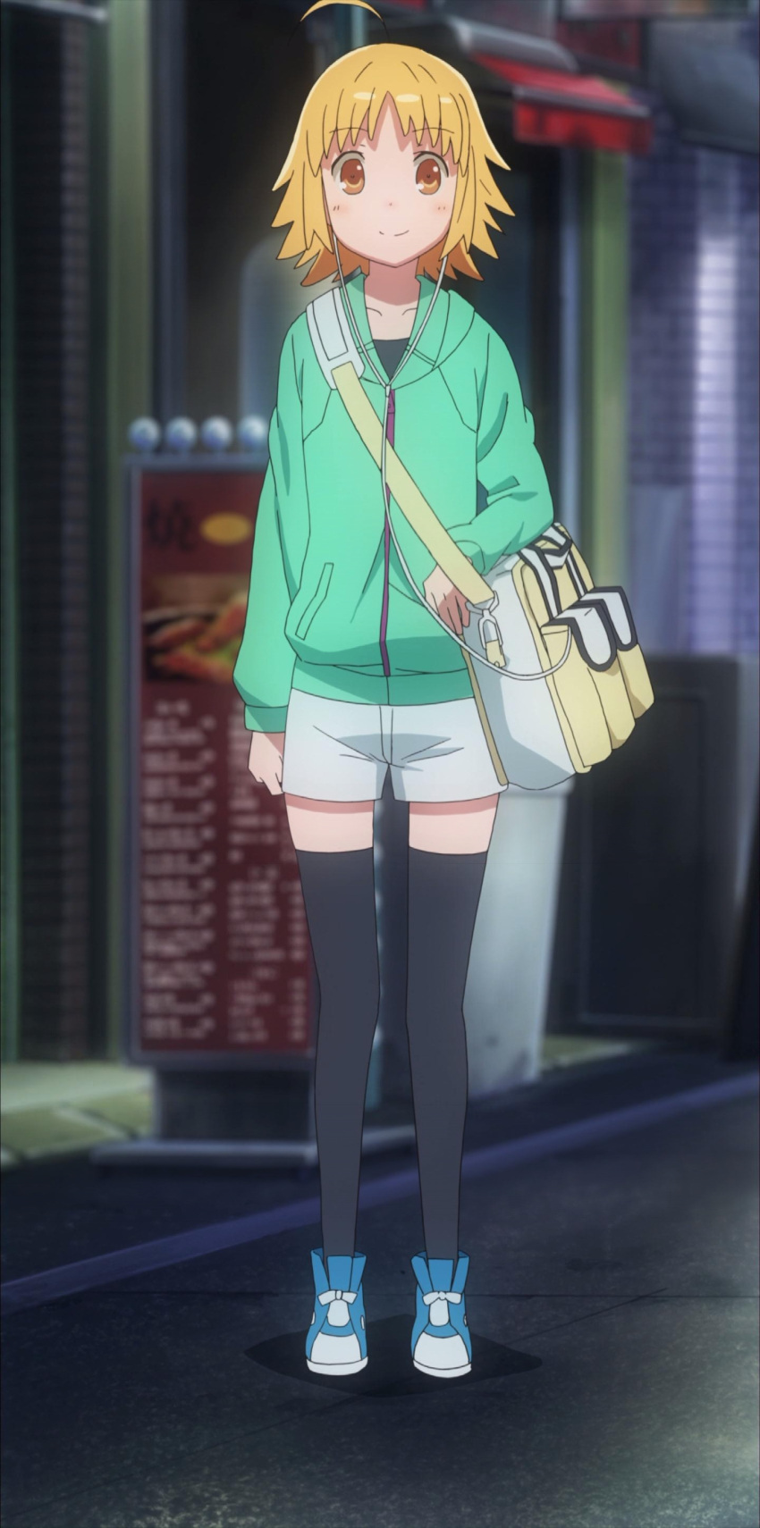 1girl, absurdres, amber_eyes, bag, black_legwear, blonde_hair, blue_shoes, building