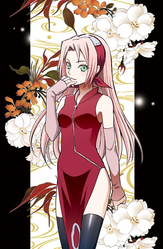 bare_shoulders, china_dress, chinese_clothes, detached_sleeves, floral_background, green_eyes, hand_to_mouth, haruno_sakura