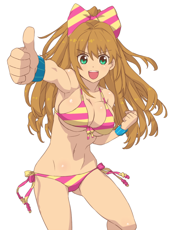 bare_shoulders, bikini, bow, breasts, brown_hair, cleavage, green_eyes, hair_bow