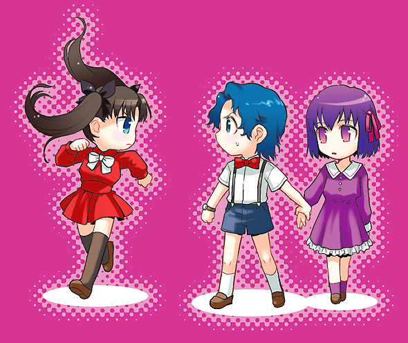 blue_hair, brown_hair, fate/stay_night, fate/zero, fate_(series), matou_sakura, matou_shinji, purple_eyes, purple_hair, task_owner, tasukuoona, thighhighs, tohsaka_rin, toosaka_rin, young