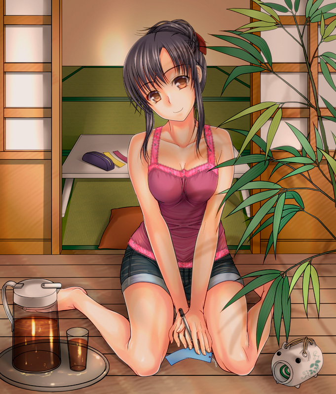 barefoot, black_hair, blush, brown_eyes, cup, hands, head_tilt, holding