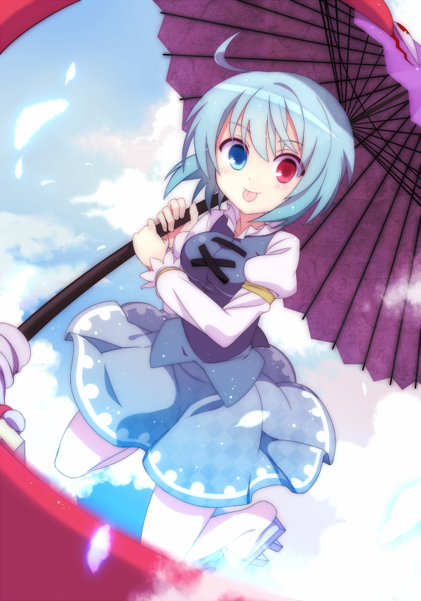 :p, ahoge, blue_eyes, blue_hair, cloud, clouds, heterochromia, karakasa_obake