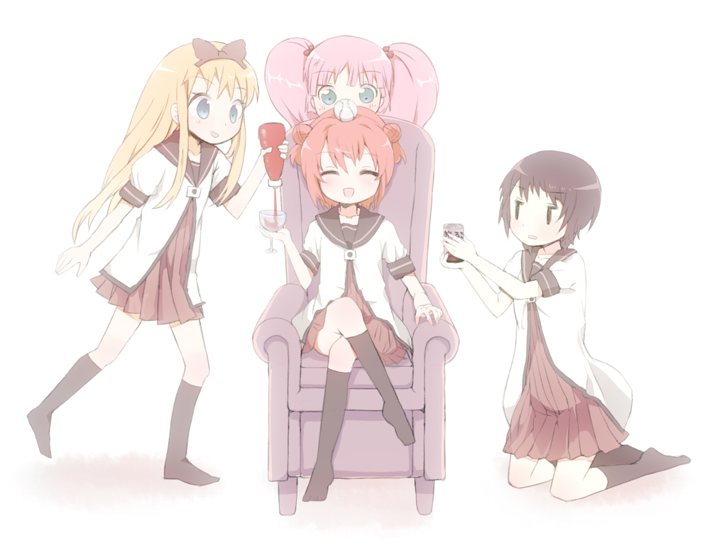 ^_^, akaza_akari, aratsuka, black_hair, black_legwear, blonde_hair, blue_eyes, closed_eyes