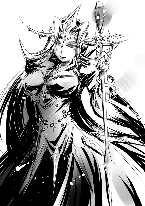 bracelet, breasts, duel_monster, galaxy_queen, jewelry, long_hair, monochrome, number_83_galaxy_queen, ring, solo, staff, yu-gi-oh!, yuu-gi-ou