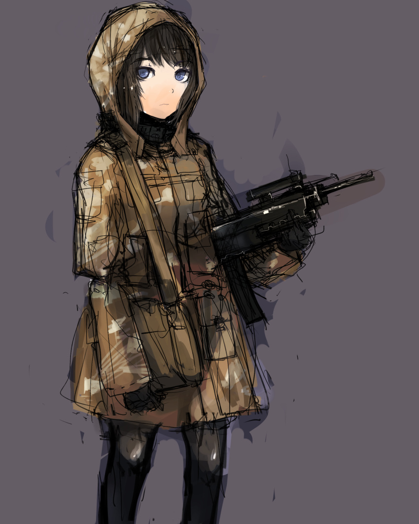bag, blue_eyes, brown_hair, gun, highres, messenger_bag, military, military_uniform, original, pantyhose, shoulder_bag, sketch, solo, uniform, unknown_(artist), weapon