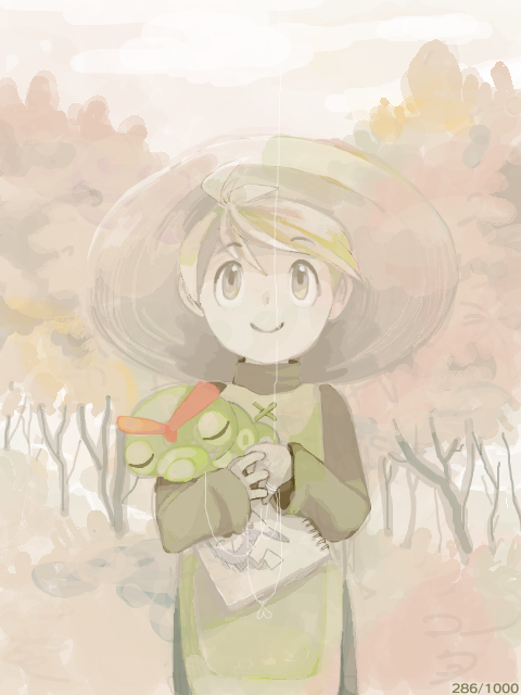 blonde_hair, caterpie, closed_eyes, eyes_closed, forest, hat, holding, kuroba_(tegaki)