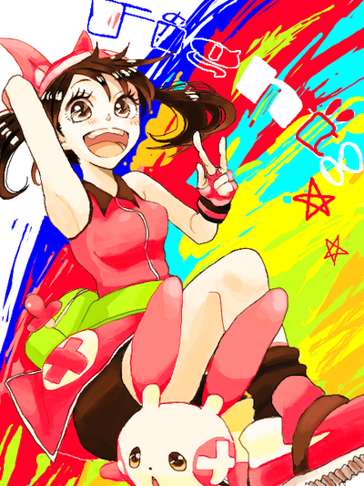 1girl, alternate_color, bandana, bandanna, brown_hair, english, fingerless_gloves, gloves