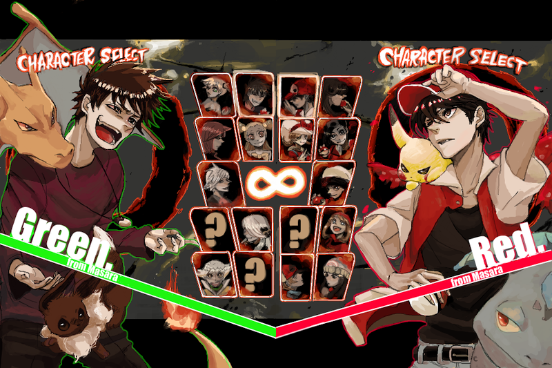 ?, blue_(pokemon), character_select, character_sheet, charizard, eevee, gold_(pokemon), haru_urara, haruka_(pokemon), hat, hibiki_(pokemon), hikari_(pokemon), jun_(pokemon), kasumi_(pokemon), kotone_(pokemon), masara, mikan_(pokemon), ookido_green, open_mouth, parody, pikachu, poke_ball, pokemon, pokemon_(creature), pokemon_(game), pokemon_bw, pokemon_dppt, pokemon_gsc, pokemon_hgss, pokemon_rse, red_(pokemon), shirona_(pokemon), silver_(pokemon), street_fighter, street_fighter_iv, touya_(pokemon), tsuwabuki_daigo, twintails, venusaur, vs, yuuki_(pokemon)
