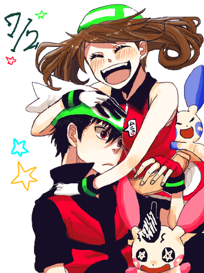 1boy, 1girl, bandanna, black_hair, blush, brown_hair, fingerless_gloves, gloves