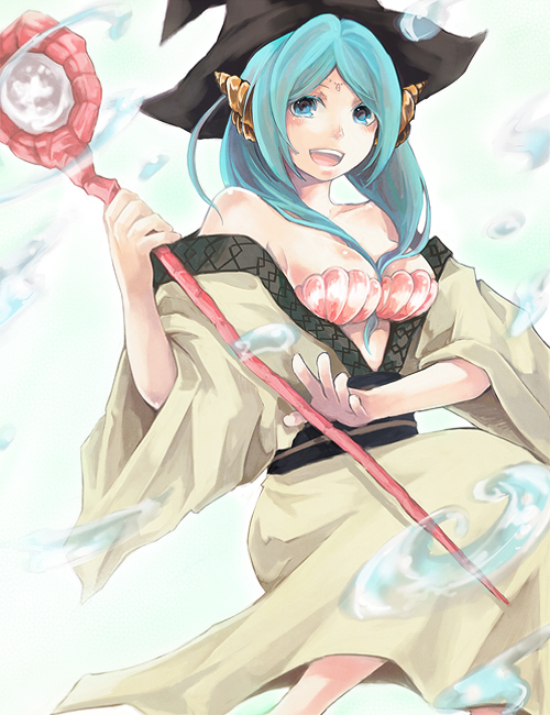 aqua_hair, bare_shoulders, blue_eyes, breasts, dress, hat, long_hair, magi_the_labyrinth_of_magic, shell, shell_bikini, solo, staff, witch_hat, xylit01, yamuraiha