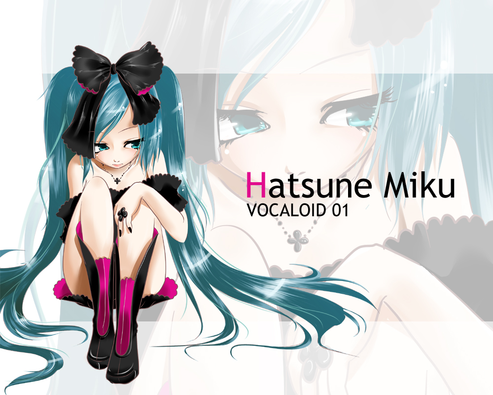 akira_(pixiv274994), akira_b, aqua_eyes, aqua_hair, boots, bow, hair_bow, hair_ribbon, hatsune_miku, jewelry, long_hair, necklace, ribbon, ring, sitting, solo, twintails, very_long_hair, vocaloid