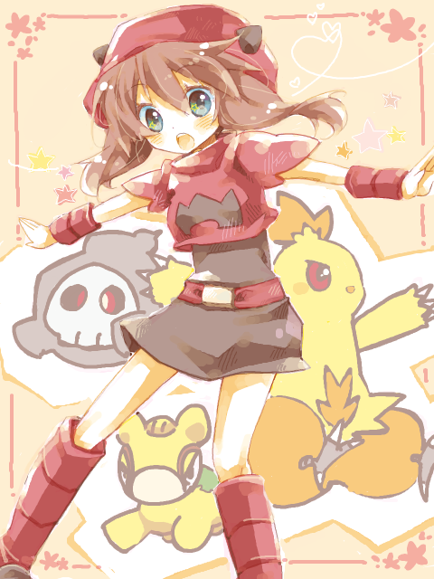 1girl, amamiya_kabosu, belt, blush, brown_hair, combusken, dress, duskull