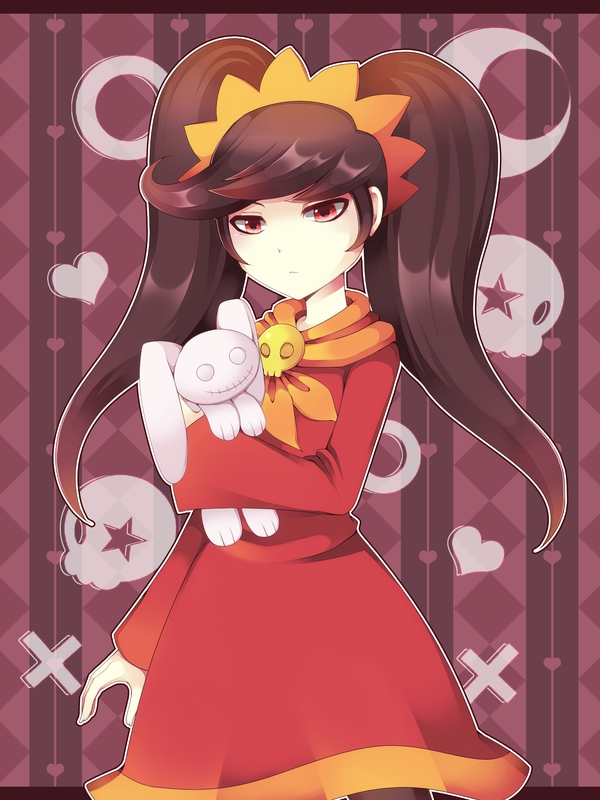 ashley, bangs, black_hair, circle, cowboy_shot, crescent, crescent_moon, doll, dress, expressionless, gradient_hair, hair_ornament, heart, holding, long_hair, moon, multicolored_hair, neckerchief, outline, pantyhose, red_eyes, skull, smile, solo, star, stuffed_animal, stuffed_bunny, stuffed_toy, swept_bangs, twintails, warioware, yamikage_gumi