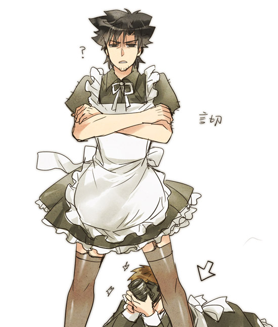 ?, alternate_costume, apron, black_hair, brown_hair, camera, crossdressinging, crossed_arms