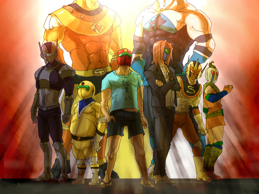 abasilver, abs, blue_(tentai_senshi_sunred), clothes_writing, flip-flops, helmet, highres, male, mask, mentako, mentako_(mentaco), muscle, night_man, sakyuun, sandals, shachihokoider_g, shorts, sunred, t-shirt, tentai_senshi_sunred, yellow_(tentai_senshi_sunred)