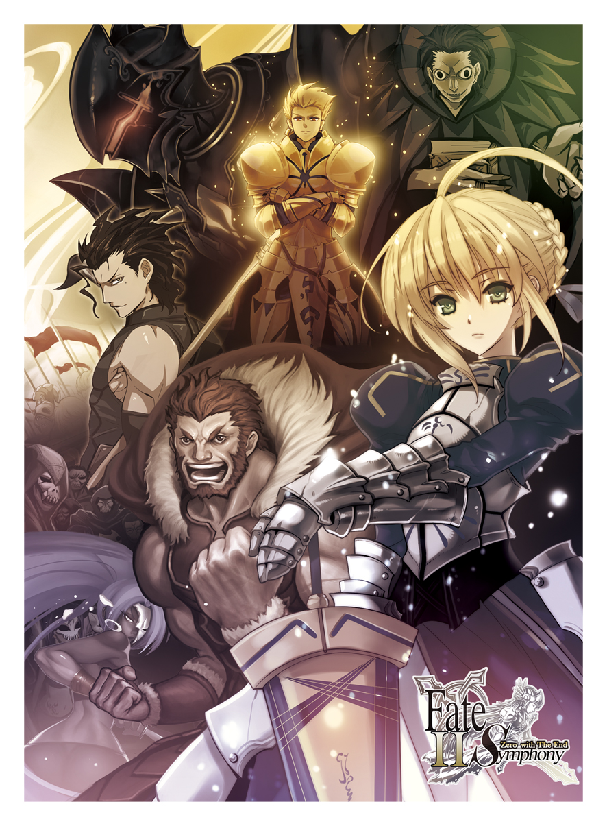 6+boys, ahoge, armor, armored_dress, assassin_(fate/zero), avalon_(fate/stay_night), beard, berserker_(fate/zero), blonde_hair, book, cape, caster_(fate/zero), error, excalibur, facial_hair, fate/zero, fate_(series), female_assassin_(fate/zero), flag, full_armor, gilgamesh, green_eyes, helmet, highres, hunter556, ionioi_hetairoi, lancer_(fate/zero), long_hair, mask, mole, multiple_boys, multiple_girls, ponytail, purple_hair, red_eyes, red_hair, redhead, rider_(fate/zero), saber, sheath, sheathed, skull_mask