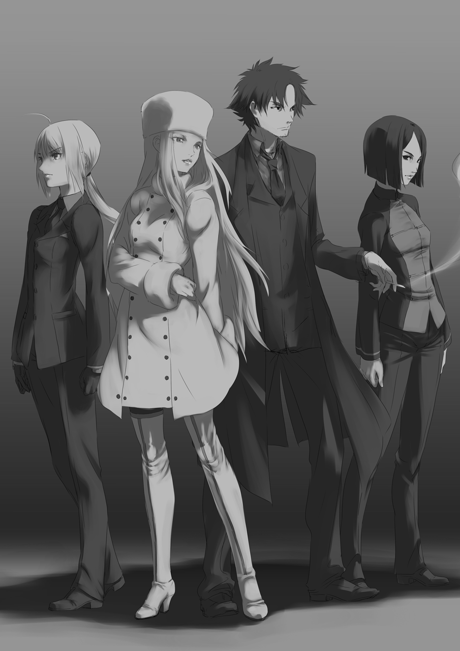 3girls, bob_cut, boots, cigarette, coat, d-gunhoo, emiya_kiritsugu, fate/zero, fate_(series), formal, greyscale, hat, highres, hisau_maiya, irisviel_von_einzbern, long_coat, long_hair, monochrome, multiple_girls, pant_suit, pantyhose, ponytail, saber, short_hair, suit, thigh-highs, thigh_boots, thighhighs