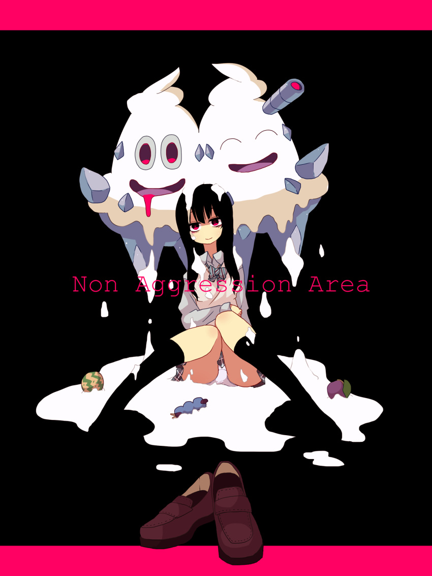 bags_under_eyes, black_hair, black_legwear, bowtie, closed_eyes, dress_shirt, drooling, eyes_closed, grin, highres, long_hair, ngayope, open_mouth, panties, pantyshot, plaid, plaid_skirt, pleated_skirt, pokemon, red_eyes, school_uniform, shirt, shoes_removed, sitting, skirt, smile, sweater_vest, thigh-highs, thighhighs, underwear, vanilluxe, white_panties