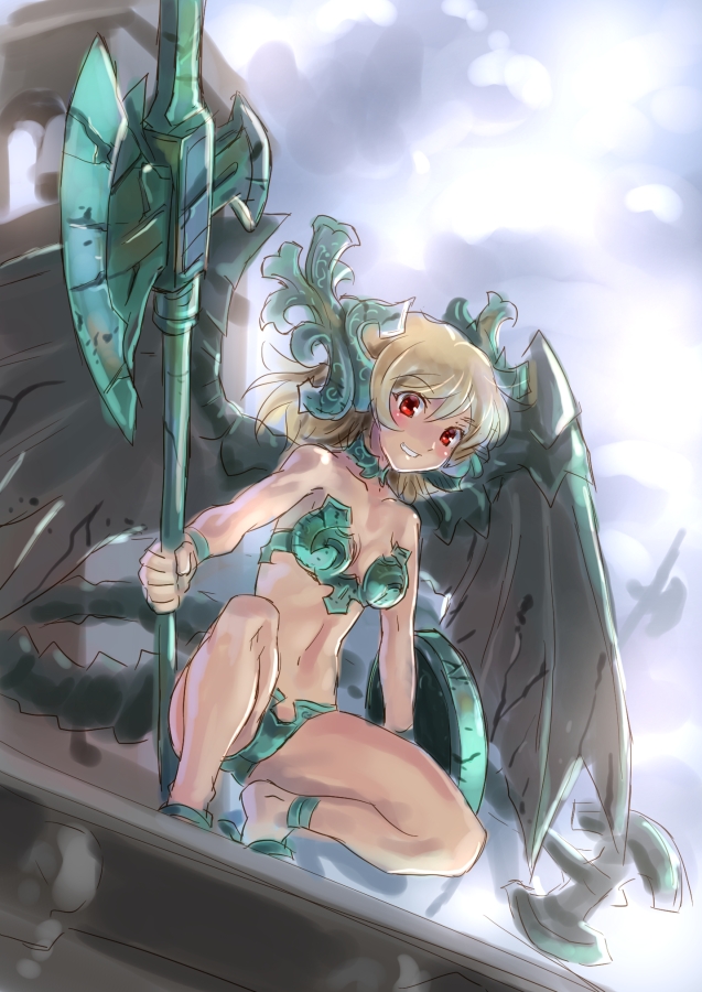 belfry_gargoyle, blonde_hair, dark_souls, katahira_masashi, personification, poleaxe, red_eyes, squatting