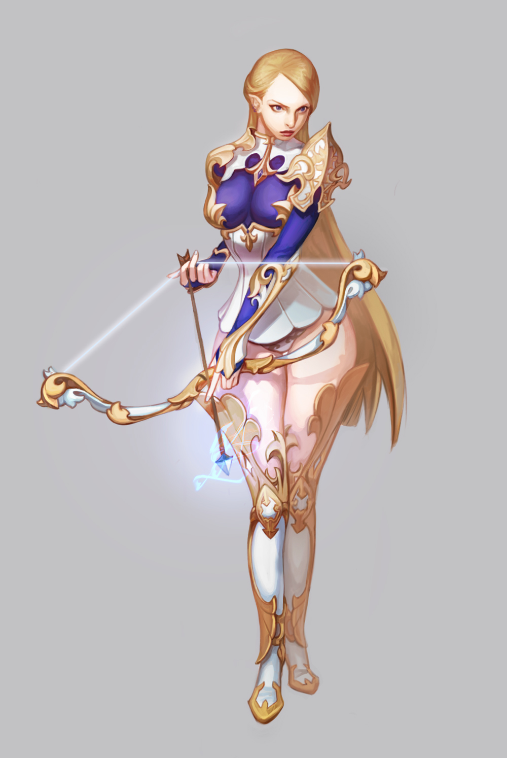 arrow, blonde_hair, blue_eyes, boots, bow_(weapon), bridal_gauntlets, curvy, elf, grey_background, highres, lipstick, long_hair, makeup, novik, original, pointy_ears, realistic, simple_background, solo, thigh-highs, thigh_boots, thigh_gap, thighhighs, weapon