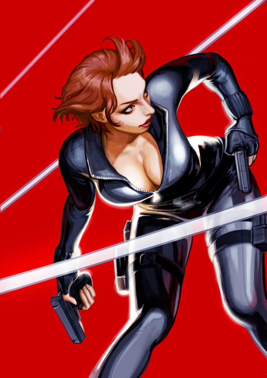 avengers, black_widow, black_widow_(marvel), bodysuit, breasts, cleavage, green_eyes, gun